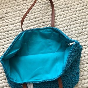 Crocheted teal in color tote bag